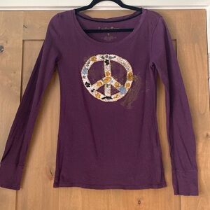 Lucky Tees Plum Embroidered Peace Sign Tee Shirt Womens M waffle knit Thermal